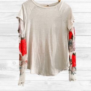 Free People Cream Floral Embroidery sleeve tshirt